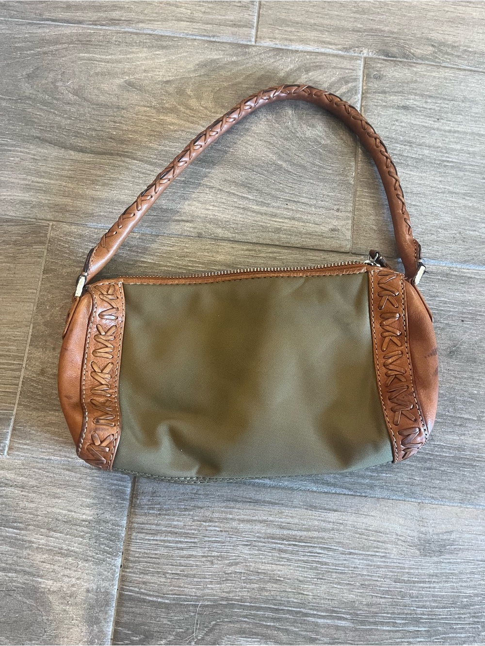 MICHAEL Michael Kors Olive Green and Tan Braided-Trim Shoulder Bag